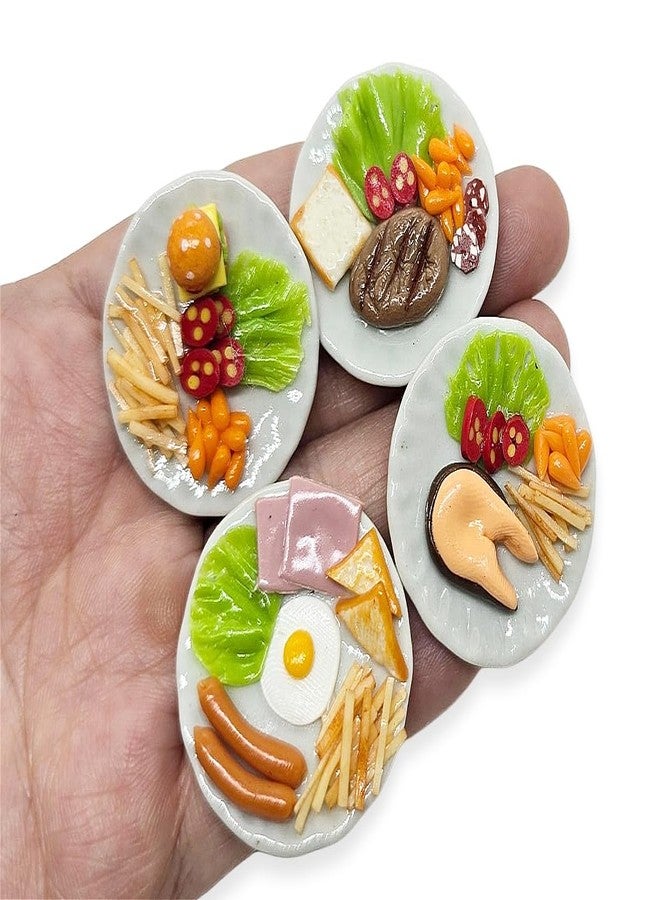 WitnyStore Tiny 1⅜" American Breakfast Hamburger Salmon and Steak 4 Pieces Set Realistic Mini Foods Hand Made Polymer Clay Food Meal Model Replica Dishes Decorative Collectible Figurine Décor Gifts - Image 1